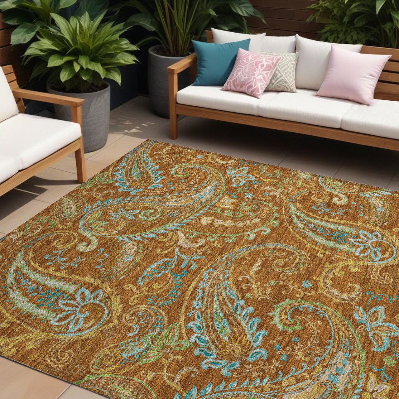Edge Collections - 9' x 12' - Orange - Washable Indoor Outdoor Paisley Area Rug - 1 Piece